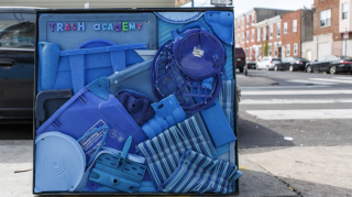 Trash receptacle made from recycled materials at 7th and Jackson Streets in South Philadelphia. Photo by Steve Weinik.